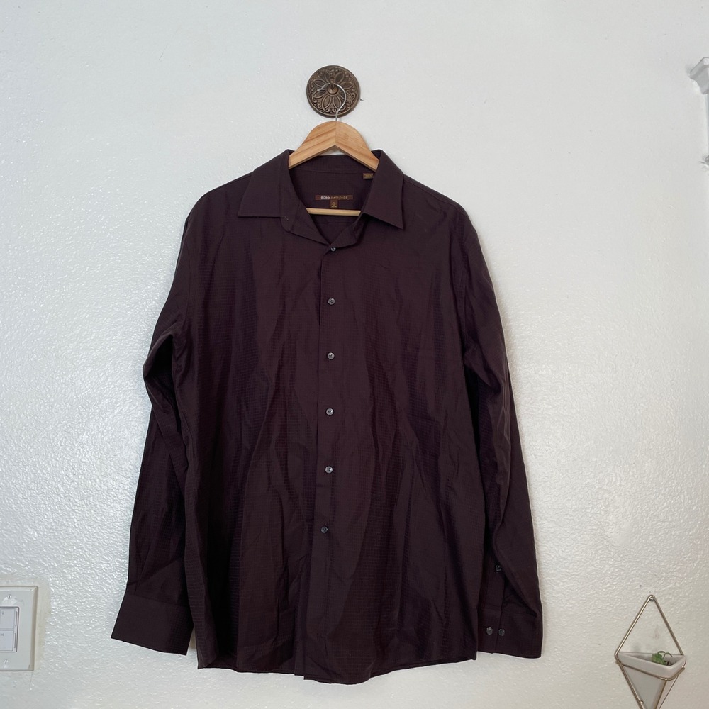 BCBG Attitude Mens XL Modern Fit Button Down Shirt Brown Grid Cotton Long Sleeve